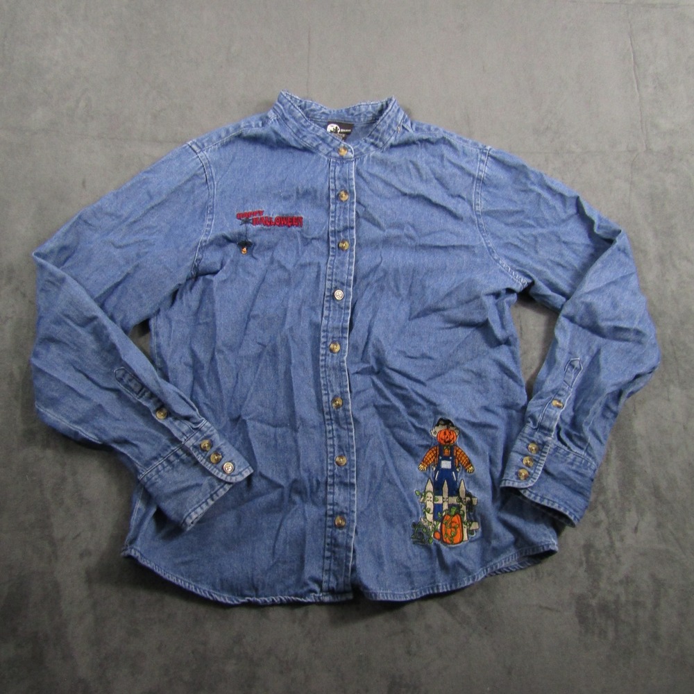 Holiday Editions Denim Shirt Men Medium Blue Halloween Scarecrow 01002